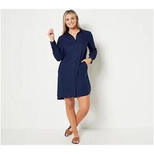 DENIM & CO. NATURALS NEW‎ $66 Linen Blend Button Front Shirt Dress Pockets Small